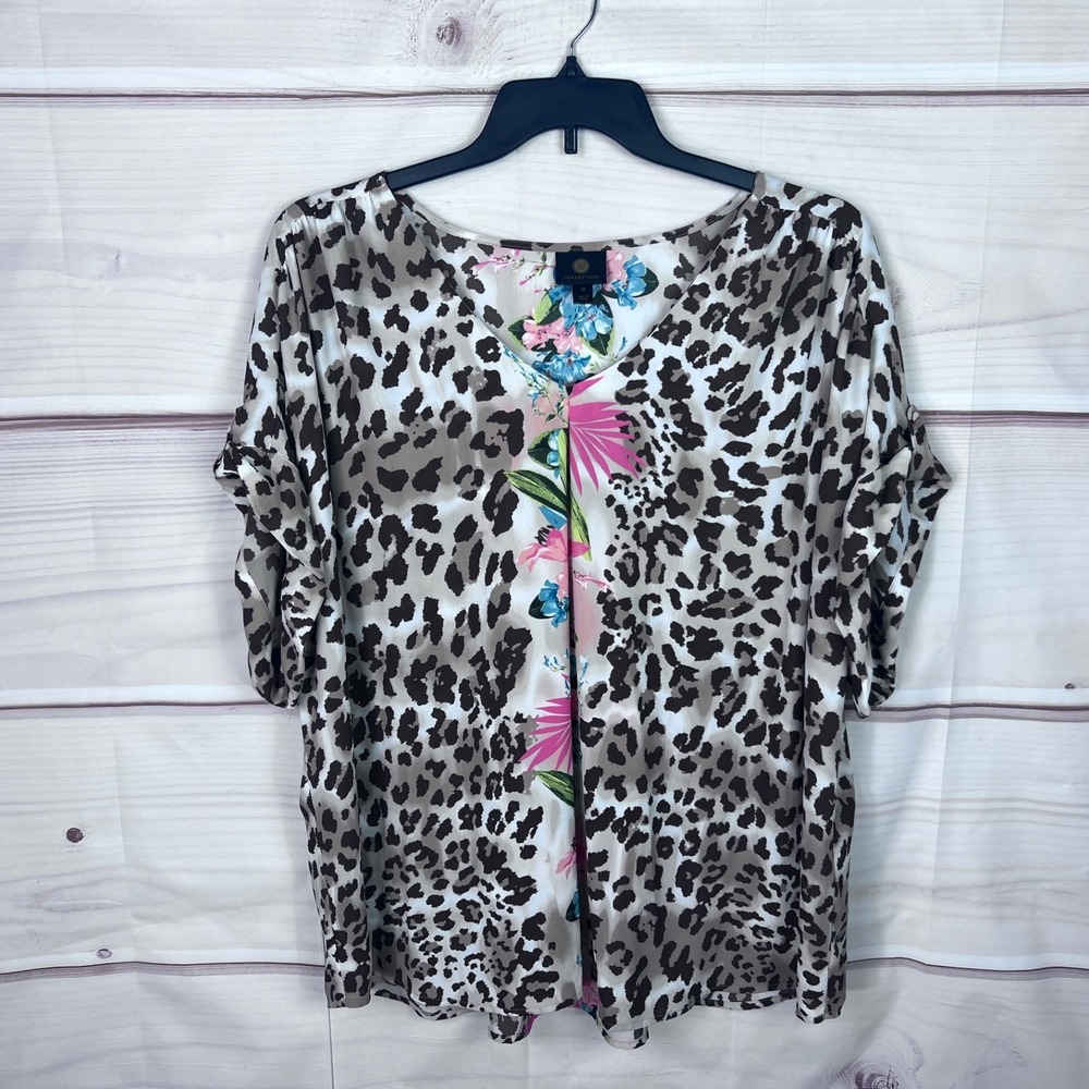JM Collection Top Womens 3X Brown Leopard Floral Print Blouse Pleated V-Neck
